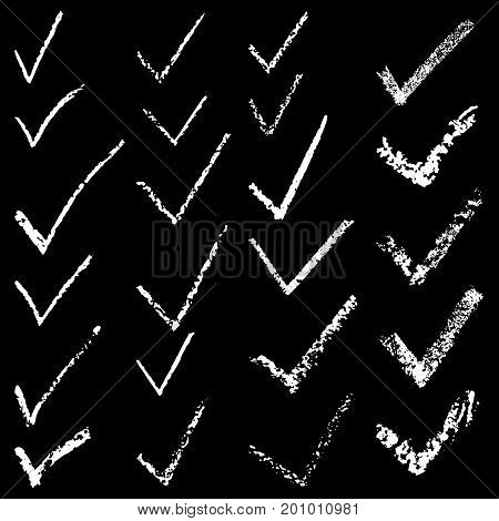 set of vector illustration of hand drawn check mark chalk isolated on black background