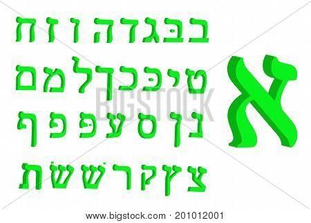 3d letter Hebrew. Green font Hebrew. Letters Hebrew alphabet. Vector illustration.