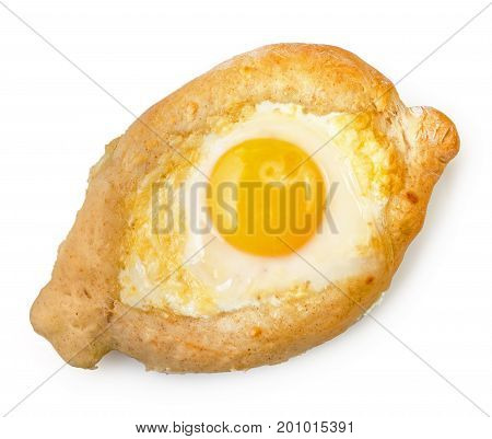 Caucasian Delicious Ajarian Khachapuri In Shape Of Boat With Egg Isolated On White Background, Top V