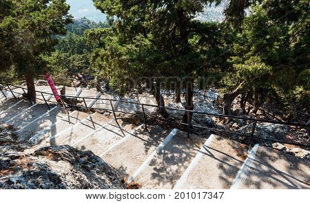 Road with 300 steps to Tsampika church on Rhodes island, Greece