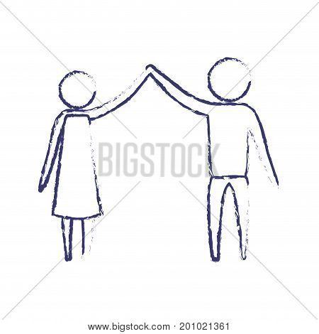 blurred blue silhouette of pictogram couple clashing hands in clothes vector illustration