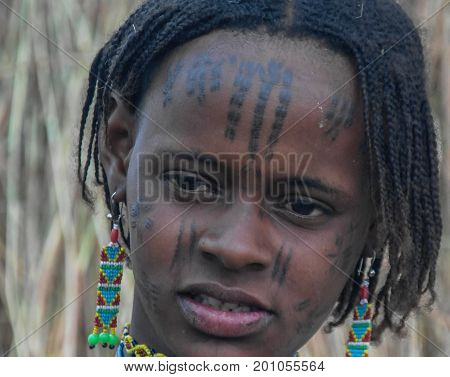 Portrait of tattooed Mbororo aka Wodaabe tribe woman - 01-03-2014 Poli Cameroon