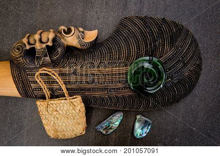 New Zealand - Maori Themed Objects - Mere, Greenstone And Woven Kite Bag