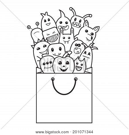 Halloween funny monsters in shopping bag. Doodle style. Vector illustration.
