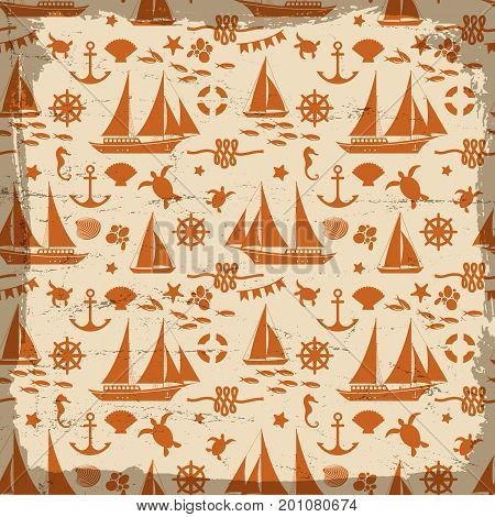 Marine seamless pattern with turtle fish sea horse starfish ship shell lifebuoy anchor wheel rope vector illustration