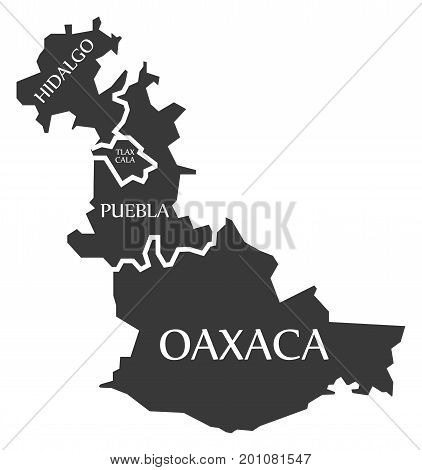 Hidalgo - Tlaxcala - Puebla - Oaxaca Map Mexico Illustration