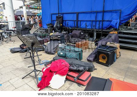 London UK - July 17 2017: Music equipment backstage. Shows lots of gear in bags and cases.