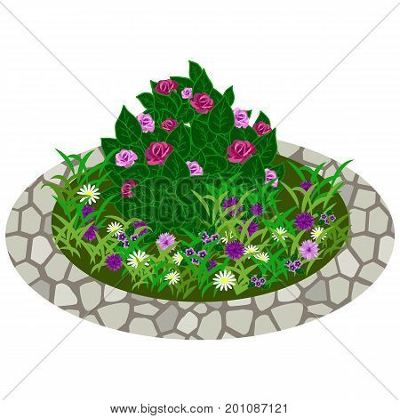Garden flowers asset. Bushes and flowers in grass to use in garden scene. Vector illustration