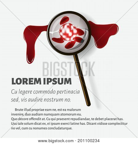 Illustration of the blood is increased under a magnifying glass for magazine advertising poster with text. Vector.