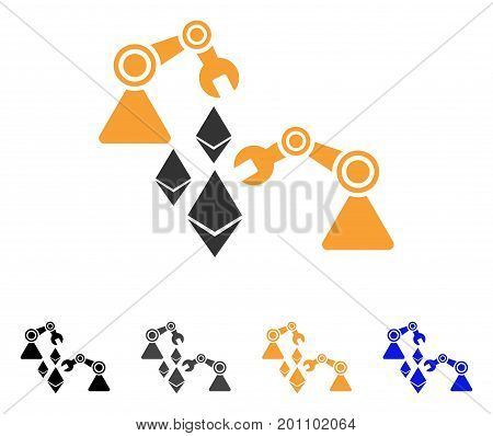 Ethereum Mine Robotics icon. Vector illustration style is flat iconic symbol with black, gray, orange, blue color variants. Designed for web and software interfaces.