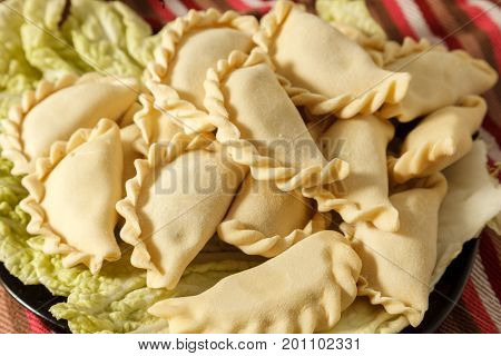 Frozen Dumplings On The White Plate With Green