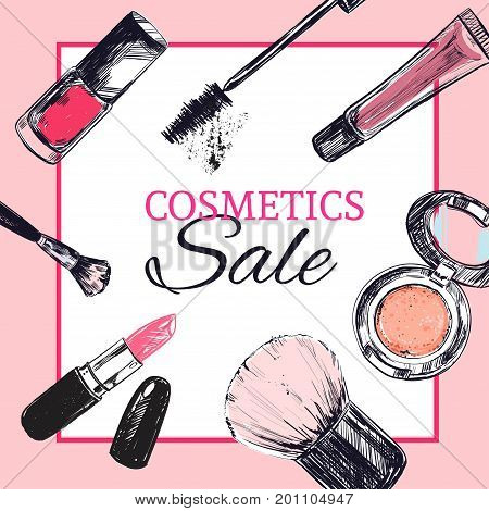 Beauty store banner with make up objects: lipstick cream brush. Template Vector. Hand drawn isolated objects. Cosmetics.