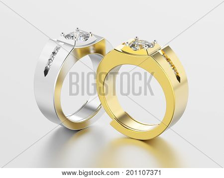 3D illustration two white gold or silver and yellow gold men signet diamond rings with reflection on a grey background