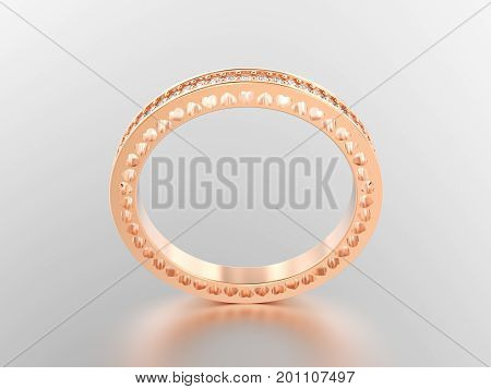 3D illustration rose gold eternity band ring with diamonds and hearts with reflection on a grey background