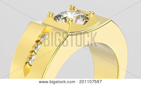 3D illustration isolated zoom macro yellow gold men signet diamond ring on a grey background
