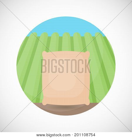 Rice in sackcloth bag vector flat icon Flat design of cooking ingredient food object on the rice plantation background vector illustration with shadows