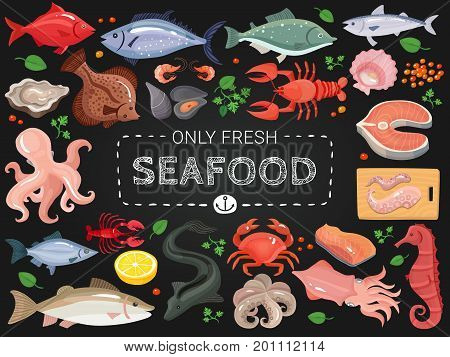 Seafood restaurant menu items colorful icons on black chalkboard with octopus salmon crab seahorse fish vector illustration