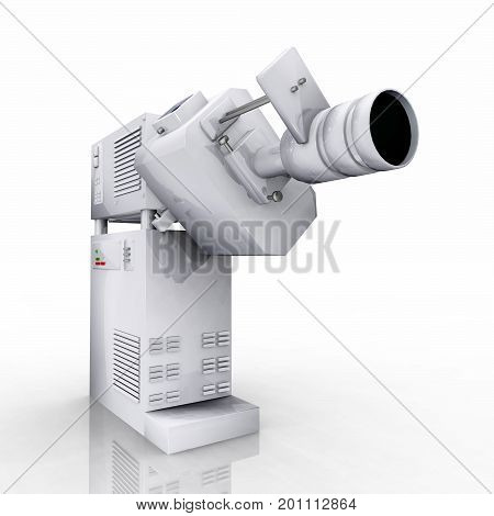 Computer generated 3D illustration with a 35mm movie projector against a white background