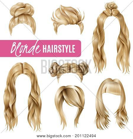 Set of coiffures for blond women with stylish haircuts and long hair, braided strands isolated vector illustration