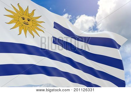 3D Rendering Of Uruguay Flag Waving On Blue Sky Background