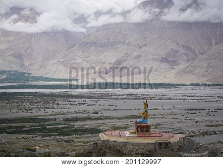 Ladakh India - Apr 1, 2015. The 32 metre (106 foot) statue of Maitreya Buddha near Diskit monastery in Ladakh India. The statue construction was started in 2006.