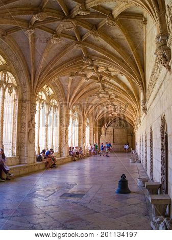 Mosterio dos Jeronimos Interior Corridor Filled with Tourists During High Season Summer August 2017