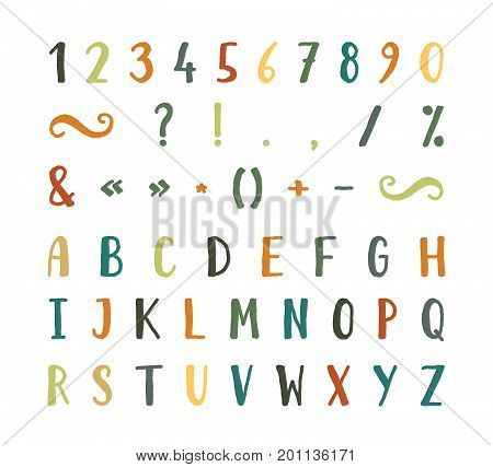 Handwritten bold grunge font with punctuation marks on white background. Uppercase font contains question mark, exclamation point, period, comma, dash, hyphen, bracket etc. Vector illustration.