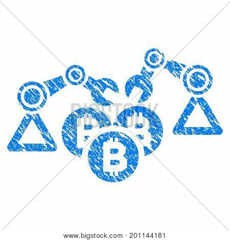 Grunge Bitcoin Mining Robotics icon with grunge design and unclean texture. Unclean vector blue pictogram for rubber seal stamp imitations and watermarks. Draft sticker symbol.