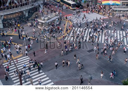 TOKYO, JAPAN JUNE 28 - 2017: Top view of crowd of people crossing in Shibuya street, one of the busiest crosswalks in the world, in the Ginza District in Tokyo, Japan.