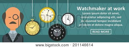 Watchmaker at work banner horizontal concept. Flat illustration of watchmaker at work banner horizontal vector concept for web
