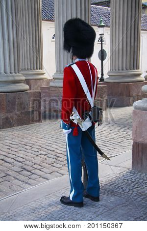 The guards of honour guarding the Royal residence Amalienborg Palace in Copenhagen, Denmark