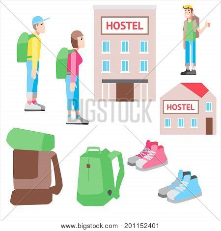Vector set with illustrations cheap travel. Hostel, hitch-hiking and tourist stuff