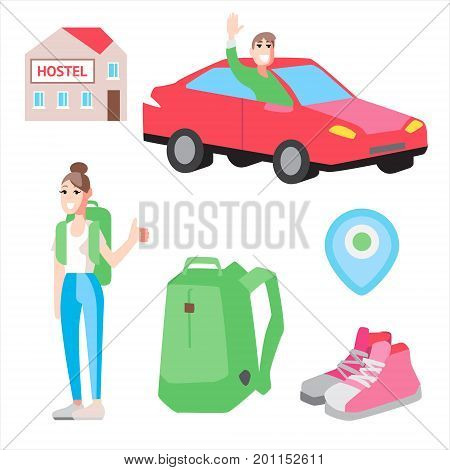 Vector set with illustrations cheap travel. Hostel, hitch-hiking and tourist stuff