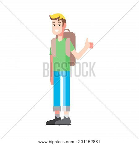 Vector flat illustration young man hich-hiking thumb up on white isolated background