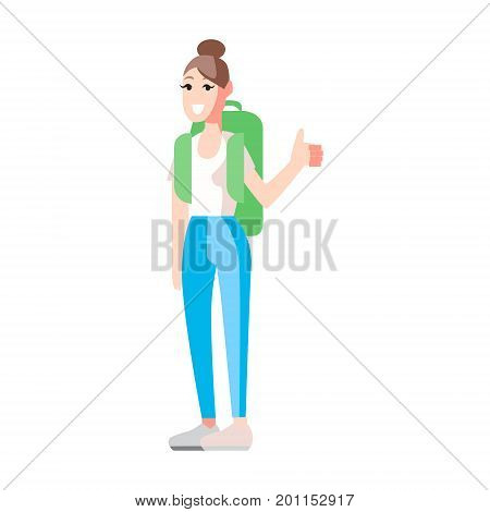 Vector flat illustration young woman hich-hiking thumb up on white isolated background