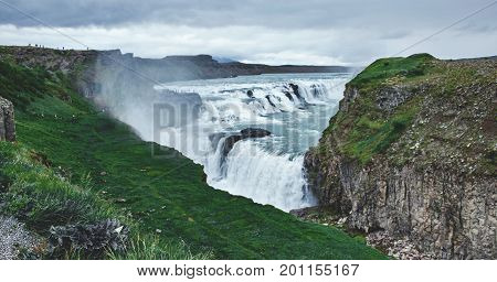 famous Gullfoss waterfall in southern Iceland. treking in Iceland. Travel and landscape photography concept