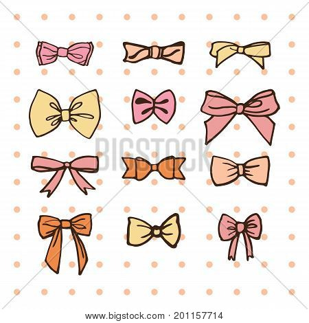 Collection of hand drawn bows and ribbons. Vector illustration.