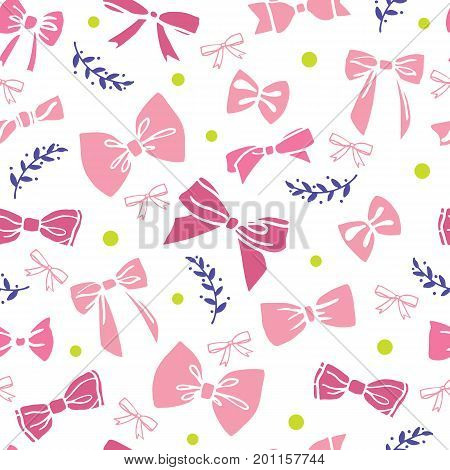 Seamless pattern with pink bows and twigs on white background. Vector illustration.