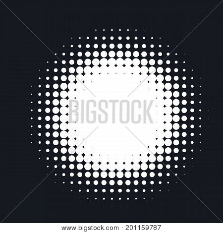 Halftone dotted vector abstract background, dot pattern in circle shape. White comic isolated backdrop.