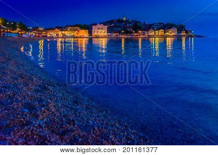 Night view at Primosten old town by the Adriatic Sea in Croatia, Mediterranean.