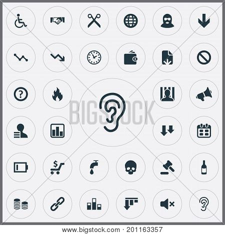 Elements Link, Prohibited, Financial Analytics And Other Synonyms Retail, Person And Head.  Vector Illustration Set Of Simple Crisis Icons.