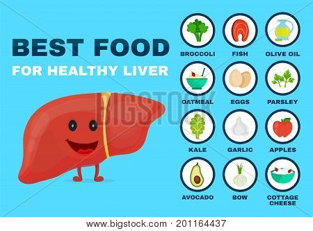 Best food for strong liver. Strong healthy liver character. Vector flat cartoon illustration icon. Isolated on blue backgound. Health food diet products nutrition nutriment infographic concept