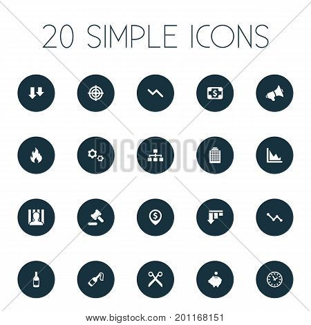 Elements Descending Sales, Bar Graph, Graph Decreases And Other Synonyms Work, Downcast And Announcement.  Vector Illustration Set Of Simple Situation Icons.