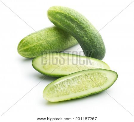 Fresh sliced cucumber isolated on white background. One sliced cucumber.