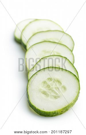 Fresh sliced cucumber isolated on white background. Cucumber slices.