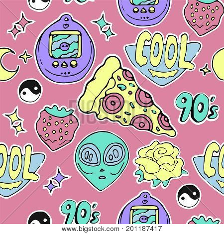 Bright seamless pattern with fashion patch badges - pizza, electronic game, strawberry etc on pink background 80s 90s style .vector