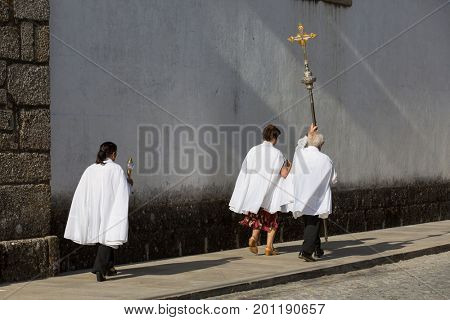 ABADIA, AMARES, PORTUGAL - August 15, 2017: Traditional religious procession of Senhora da Abadia in Amares, Portugal