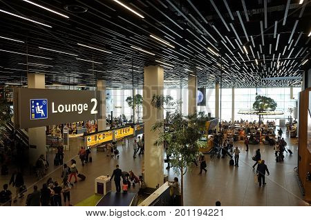 SCHIPHOL HOLLAND - MAY 17 2017: Reception area at the Amsterdam Schiphol airport