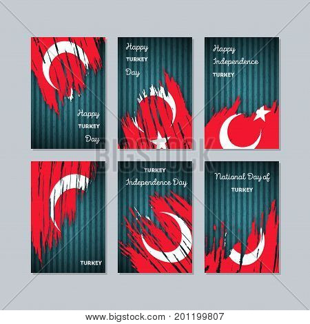 Turkey Patriotic Cards For National Day. Expressive Brush Stroke In National Flag Colors On Dark Str