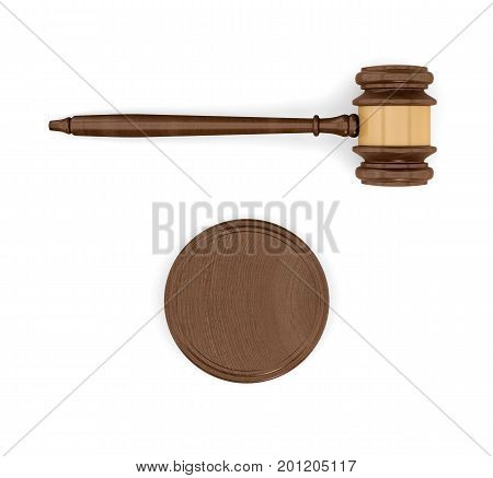 3d rendering of an isolated dark wood judge gavel and sound block in top view. Court proceeding. Judicial system. Law and crime.